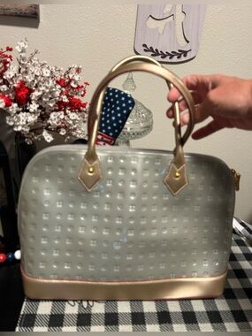 Archadia Made in Italy Patent Leather Elegant Gray Dome Satchel with Gold Trim